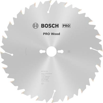 Kotúč píly od Bosch na spracovanie dreva, s nápisom 'PRO Wood', zubaté ostrie, stredový otvor na upevnenie.