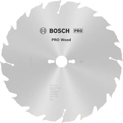 Kotúč píly značky Bosch s nápisom 'PRO Wood', vhodný na prácu s drevom. Zobrazuje zuby a centrálny otvor pre strojovú montáž.