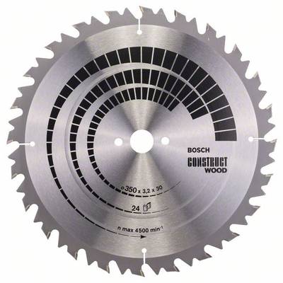 Kotúč píly so zubami a čiernymi značkami na striebornom povrchu. Text: 'Bosch Construct Wood', Priemer: 350 mm, Max. 4500 ot/min.