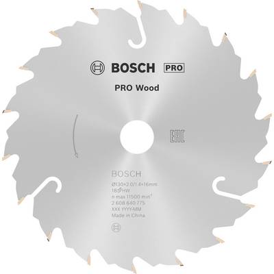 Kotúč pílky s nápisom 'Bosch PRO Wood'. Vhodný na rezanie dreva. Viditeľné detaily o veľkosti, maximálnych otáčkach a mieste výroby.