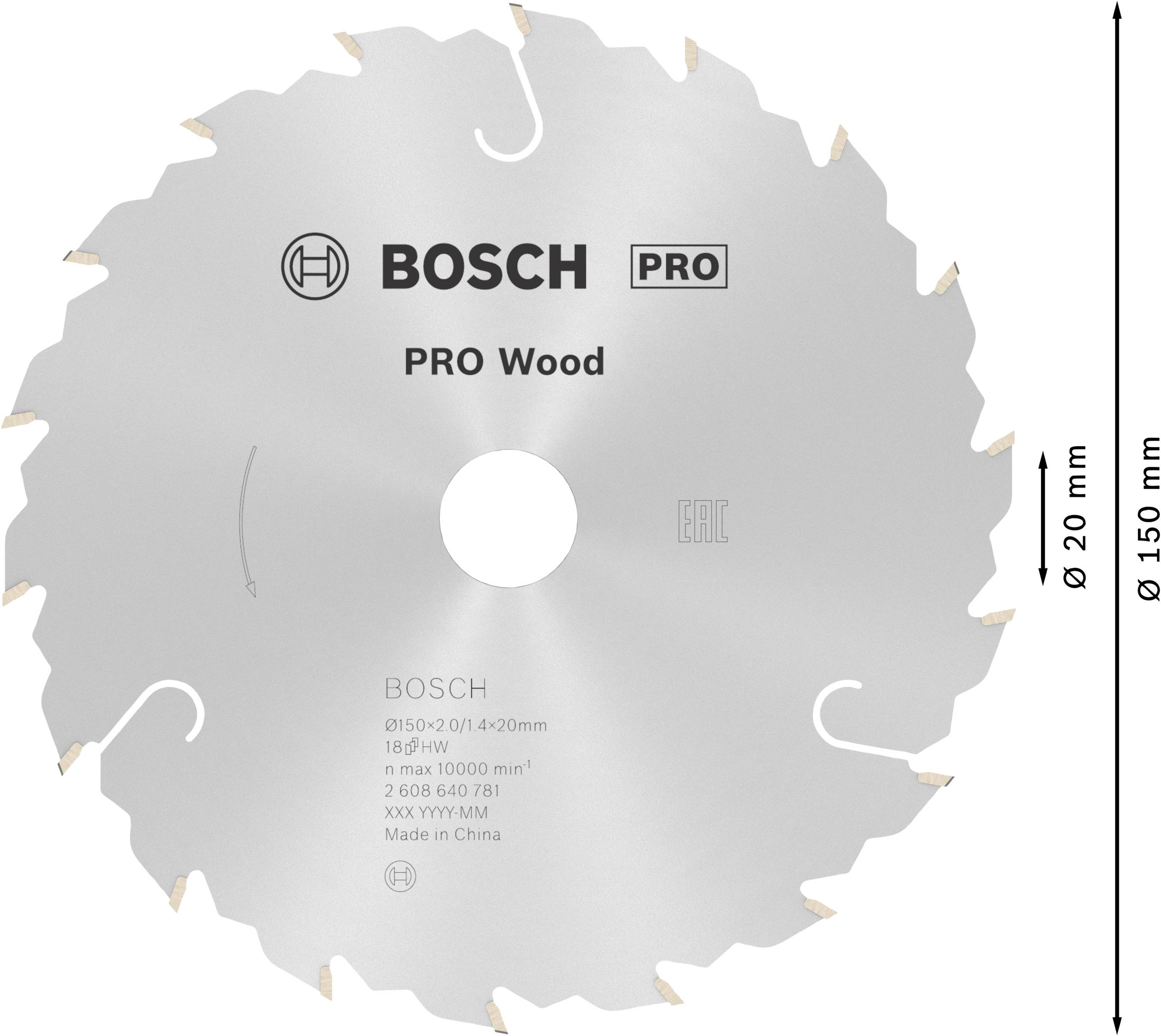 Kotúčová píla od Bosch, model PRO Wood, priemer 150 mm. Vhodná na drevo, max. 10000 ot./min, vyrobené v Číne.