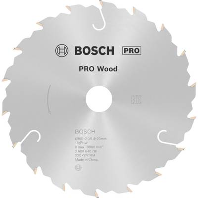 Kotúč pílový z kovu s vytlačenými informáciami: 'Bosch Pro Wood', údaj priemeru 'Ø150 x 2,0/1,4 x 20mm', 18 zubov.