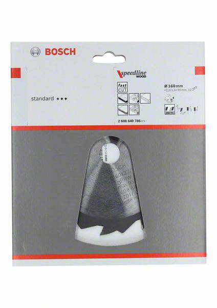 Balenie pílového kotúča Bosch Standard Speedliner s rozmermi, informáciami o kompatibilite a symbolmi použitia.