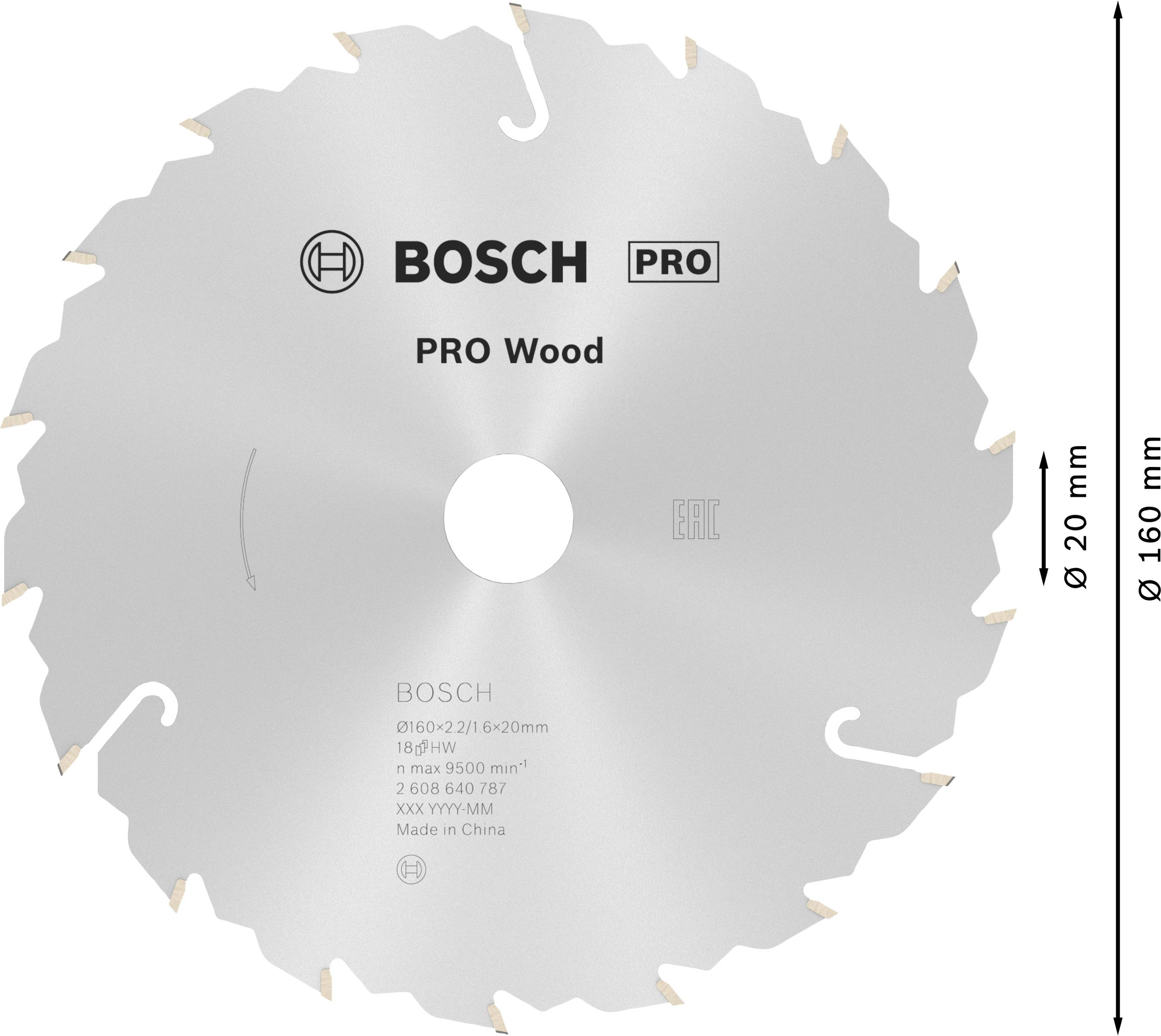 Kotúčová píla od Bosch pre prácu s drevom, označená 'PRO Wood'. Priemer: 160 mm. Vhodná na presné rezanie dreva. Vyrobené v Číne.