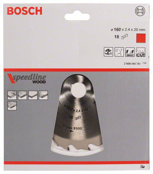 Obal pílového listu Bosch so symbolmi na spracovanie dreva. Hlavné charakteristiky: priemer 160 mm, 18 zubov, max. 9500 ot./min.