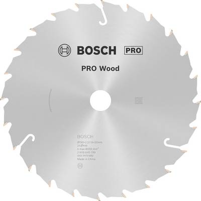 Kotúč píly značky Bosch s nápisom 'PRO Wood', špeciálne určený na prácu s drevom, striebornej farby, s viacerými zubami po obvode.