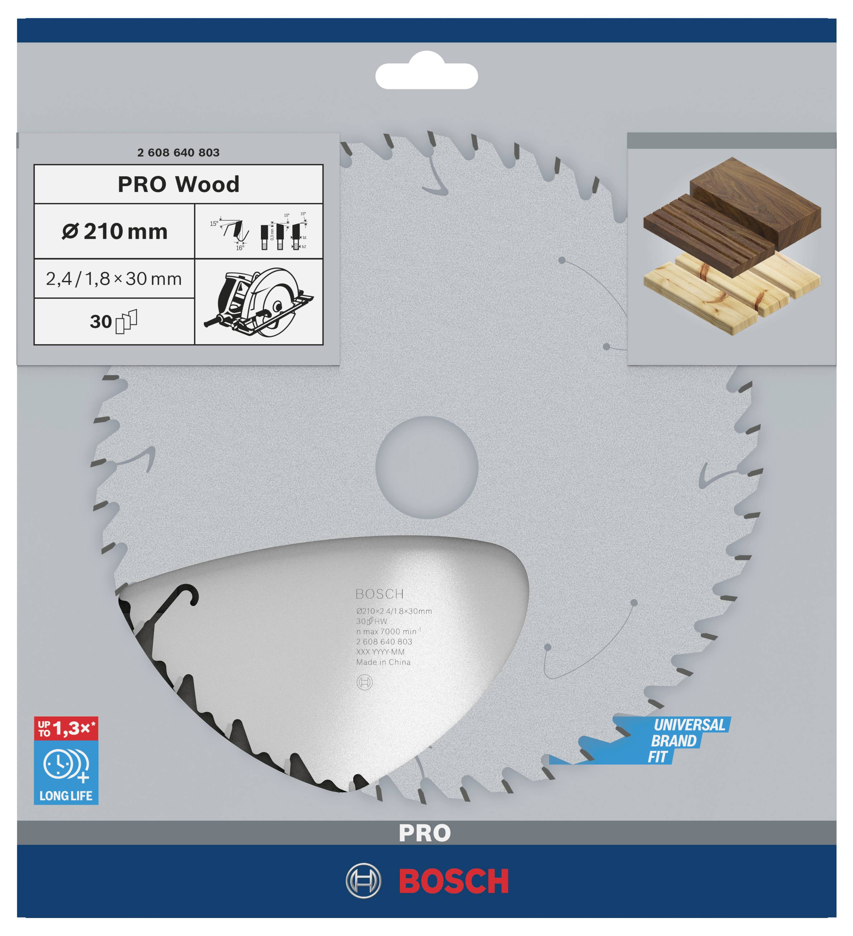 Kotúč na okružnú pílu, Bosch PRO Wood, priemer 210 mm, na prácu s drevom, s obrázkami kusov dreva na znázornenie kompatibilných materiálov.