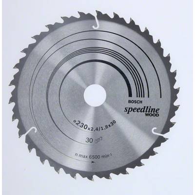 Kotúč pílový s 30 zubami, s nápisom 'Bosch Speedline Wood', priemer 230 mm, maximálne 6500 ot./min, vhodný pre drevo.