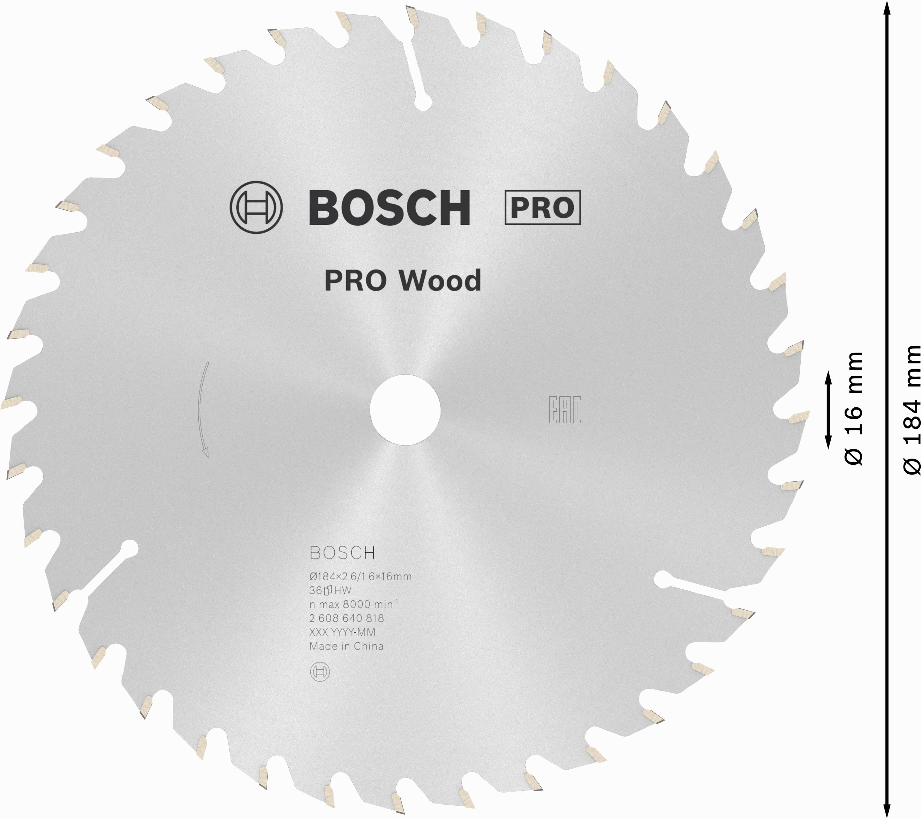 Kotúčová píla od Bosch, model 'PRO Wood', priemer 184 mm, počet zubov 16, vhodná na práce s drevom.