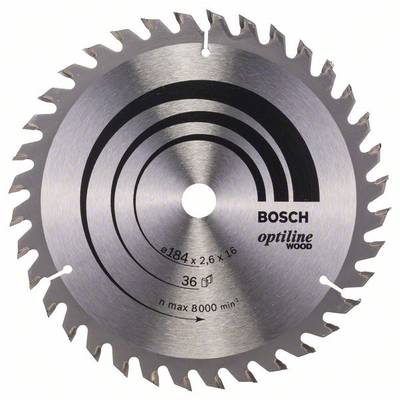 Guľatý pílový kotúč na drevo od Bosch, model 'Optiline Wood', priemer 184 mm, maximálne otáčky 8000 min⁻¹, 36 zubov.