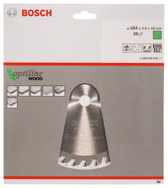 Obal na pílový list 'Bosch Optiline Wood'. Zobrazuje obrázok pílového listu a popis dôležitých parametrov: priemer, hĺbka rezu.