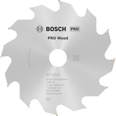 Strieborný kotúčový pílový list s logom Bosch a nápisom 'PRO Wood'. Zobrazuje veľkosť a technické detaily listu.