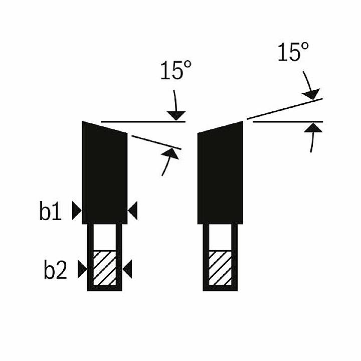 Diagram znázorňuje dva priečne rezy nástrojových ostií s 15° uhlom skosenia. Rez b1 je kratší a širší ako b2.