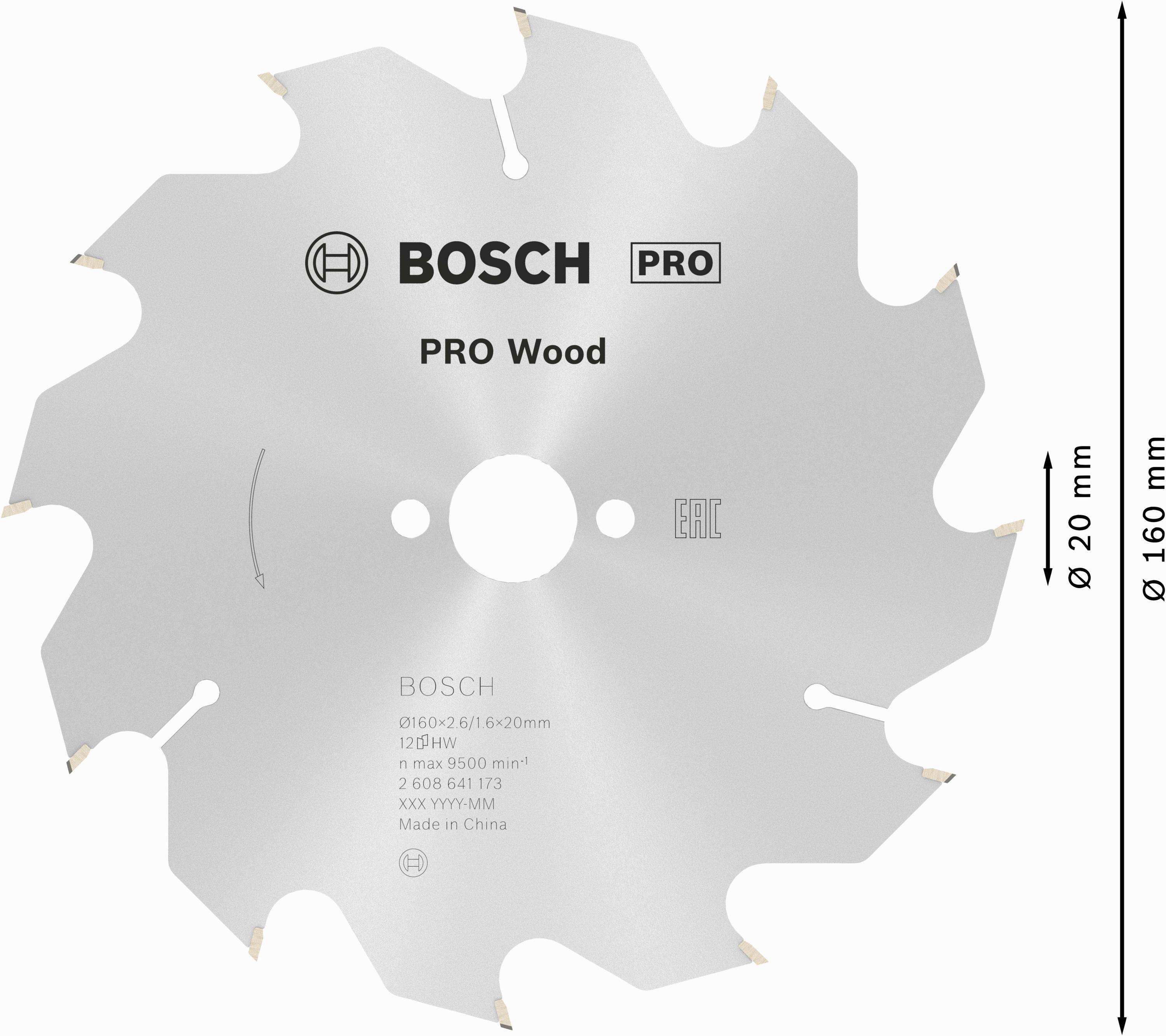Kotúč na okružnú pílu s logom značky, nápismi 'PRO Wood' a technickými špecifikáciami: priemer 160 mm, vŕtanie 20 mm.