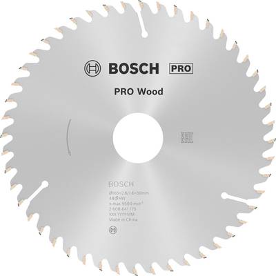Pílový list od Boscha s nápisom 'PRO Wood'. Je okrúhly a strieborný, vhodný na prácu s drevom, s vyobrazeným priemerom a ďalšími špecifikáciami.