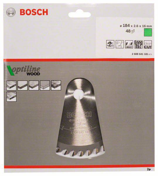 Obrázok balenia pílovej lišty Bosch Optiline Wood, vhodnej na rezanie dreva, s rozmermi 184 x 2,6 x 16 mm, s 48 zubami.