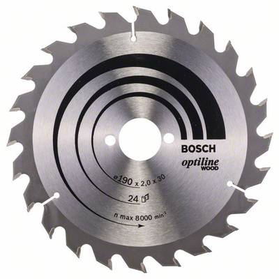 Kovový kotúč pílky s 24 zubami, vhodný na drevo, označený ako 'Bosch optiline wood', maximálne 8000 otáčok za minútu.