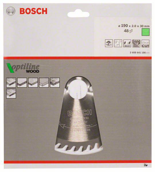 Pílový list Bosch Optiline Wood, 190x2,0x30 mm, na drevo, obrázok pílového listu a návod na použitie.