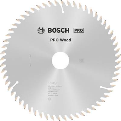 Pílový list značky Bosch, model PRO Wood, vhodný na rezanie dreva. Okrúhly, strieborný, s rovnomerne rozmiestnenými zubami.
