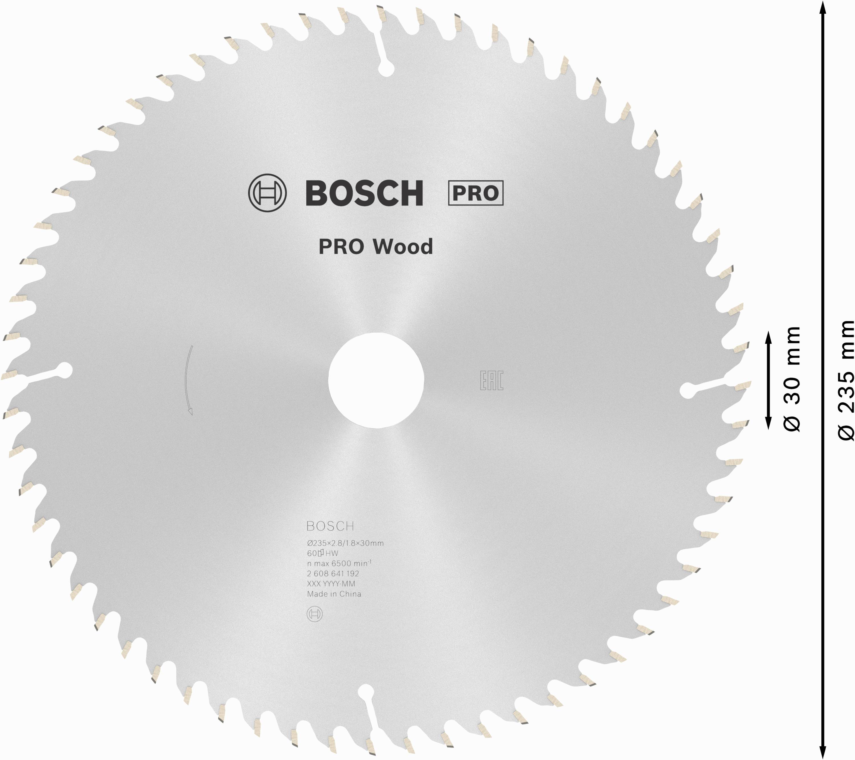 Kotúčová píla od Bosch na drevo, priemer 235 mm a vŕtanie 30 mm, vhodná na profesionálne spracovanie dreva.