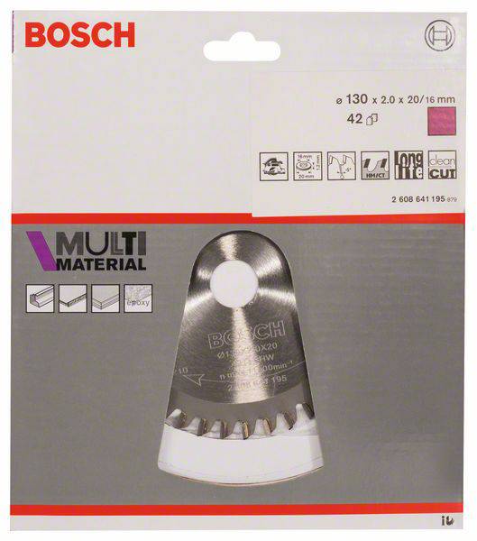 Obal pílového listu Bosch pre viacúčelové použitie. Zobrazuje pílový list, text '130x2,0x20/16 mm', '42 zubov', symboly pre typy materiálov.
