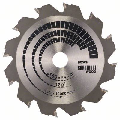Kovový pílový list so výraznými zubami a vytlačenou informáciou: 'Bosch Construct Wood', priemer 150 mm, vhodný pre prácu s drevom.