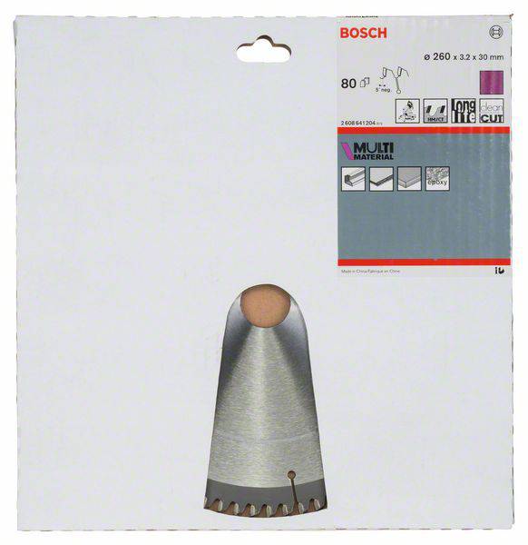 Obal pílového listu s logom Bosch. Pílový list je kužeľovitý, vhodný pre viaceré materiály, priemer 260 mm, vŕtanie 30 mm.