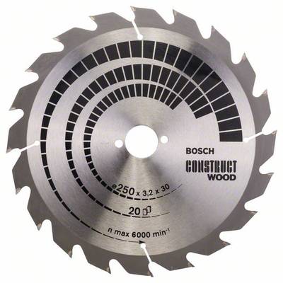 Kotúč do píly s nápisom 'Bosch Construct Wood', priemer 250 mm, otáčky 6000 min⁻¹, 20 zubov, vhodný na drevo.