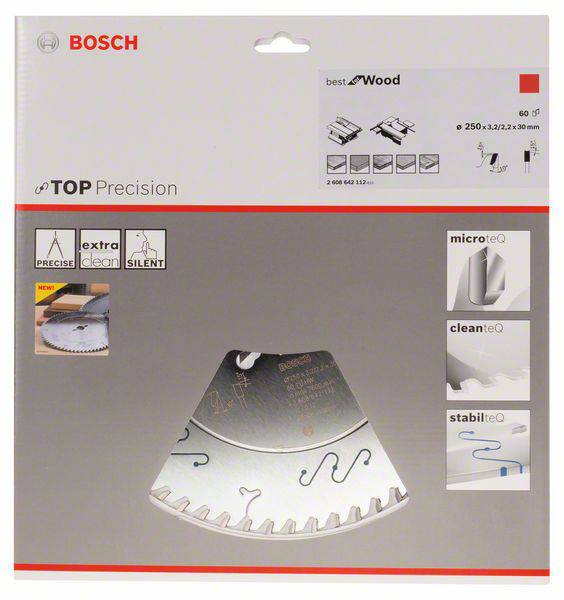 Balenie Bosch pílneho kotúča na drevo. Obsahuje obrázok produktu, logá a špecifikácie: Priemer 250 mm, 60 zubov.
