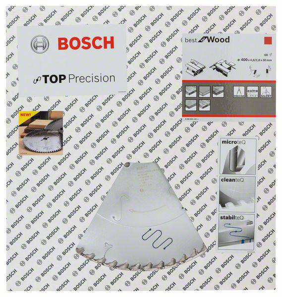 Obal pílového listu Bosch s nápisom 'Top Precision' a 'Best for Wood', zobrazujúci produktové vlastnosti ako 'Microteq' a 'Stabilteq'.