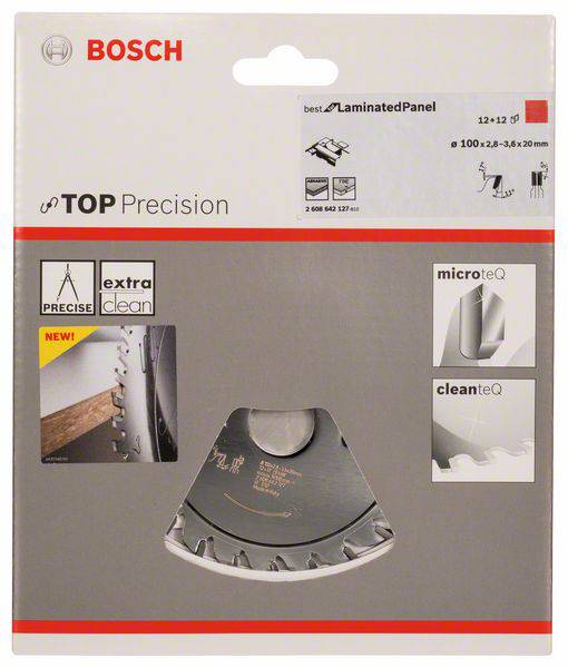 Balenie presného pílového listu Bosch pre laminátové dosky. Obsahuje údaje o veľkosti a kompatibilite materiálov.