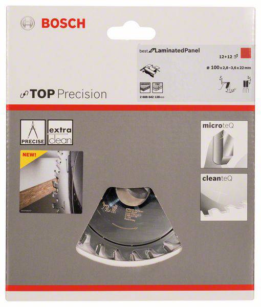 Obal presnej kotúčovej píly Bosch pre laminát, zobrazujúci pílovú čepeľ a detaily ako 'extra clean', 'microteQ', 'cleanteQ'.