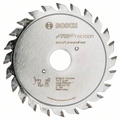 Kotúč píly so značkami: logo Bosch, 'Top Precision', 'best Laminated Panel', priemer a počet zubov vyznačené.