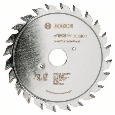 Kotúč pílového kotúča Bosch, model 'TOP Precision' pre laminované panely, s 28 zubami a priemerom 125 mm, vyrobený v Taliansku.