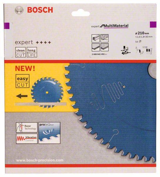 Obal pílového listu od Boscha pre viacmateriálové použitie. Zobrazuje modré pílové ostrie s nápisom "easy cut". Zvýraznené vlastnosti sú trvanlivosť a ochranná technológia.