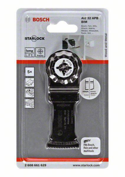 Zabalený MultiCut pílový list Bosch Starlock pre drevo a kov, kompatibilný s rôznymi značkami nástrojov.