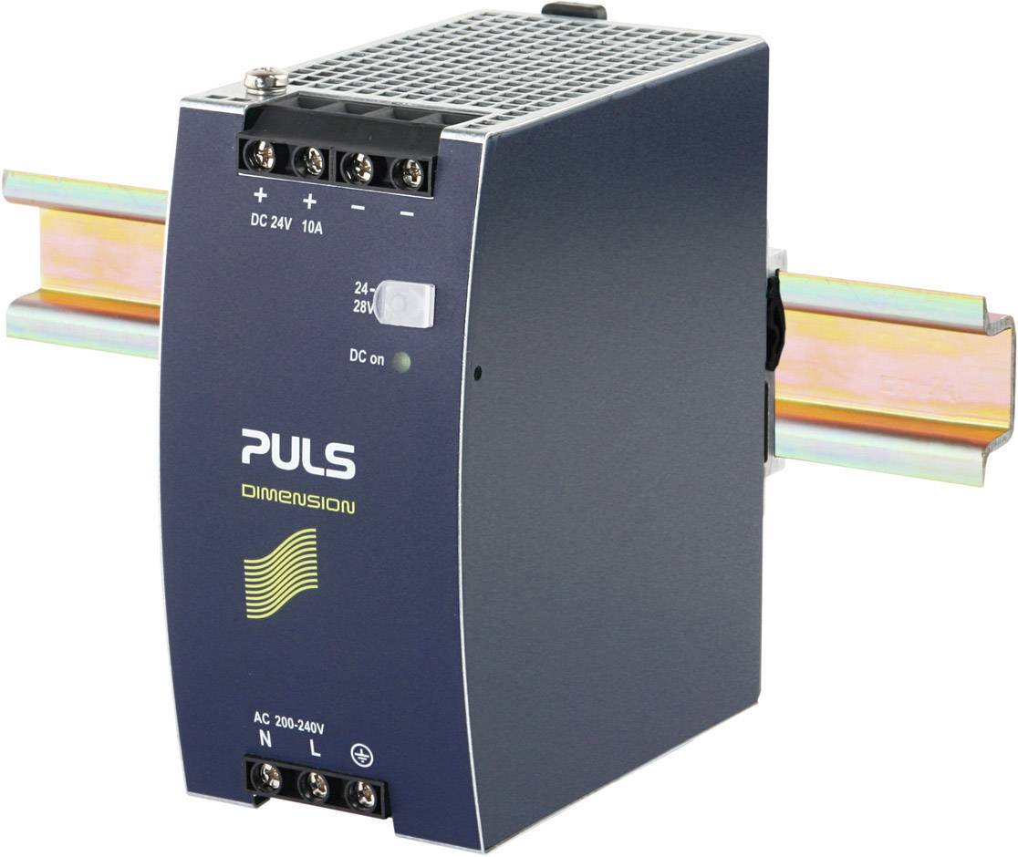 Spínaný napájací zdroj s označením 'PULS Dimension'. Je namontovaný na DIN lište. Zariadenie je vhodné pre napätie AC 200-240V.