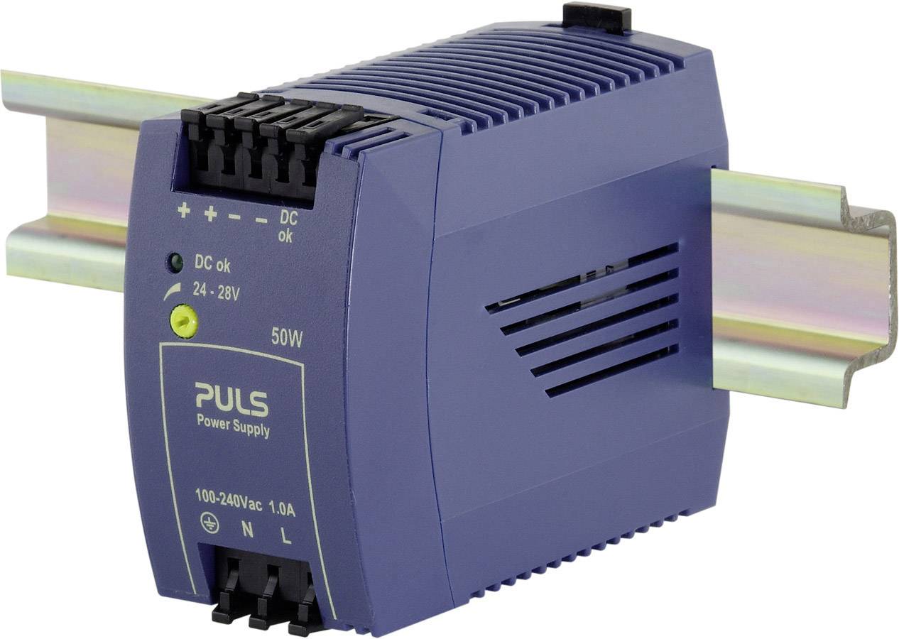 Modré napájanie na DIN lište. Označené štítkami 'DC OK' a '24-28V'. Vhodné pre striedavé napätie 100-240V, výkon 50W.