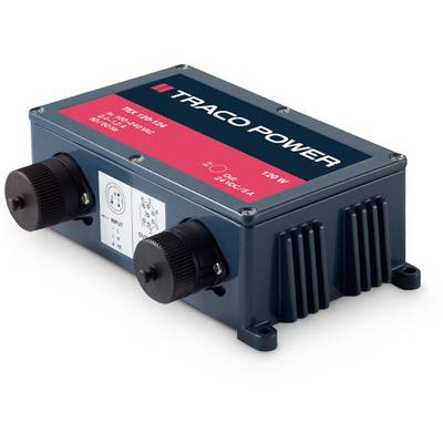 Priemyselný napájací zdroj od Traco Power, 120 W, modré puzdro s dvoma čiernymi konektormi a informáciami na hornej strane.