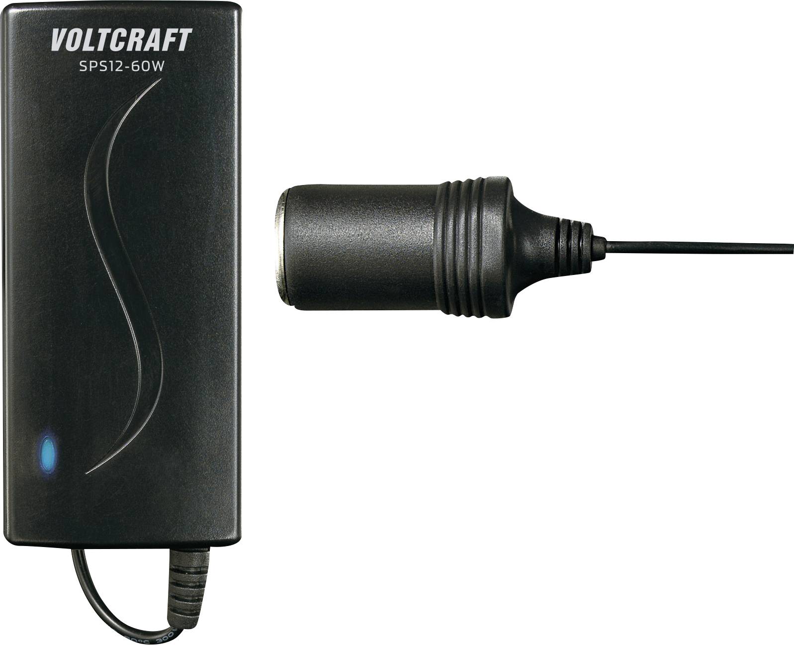 Čierna napájacia jednotka Voltcraft SPS12-60W so svietiacim modrým indikátorom, pripojený kábel s valcovitou zástrčkou.