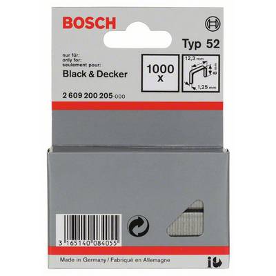 Balenie so svorkami Bosch Typ 52, 1000 kusov, veľkosť 12,3 mm x 1,25 mm. Kompatibilné s Black & Decker. Vyrobené v Nemecku.