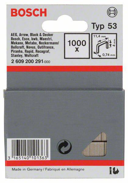 Bosch Accessories 2609200291 Graffette punto sottile tipo 53 1000 pz. Dimensioni (L x L) 4 mm x 11.4 mm