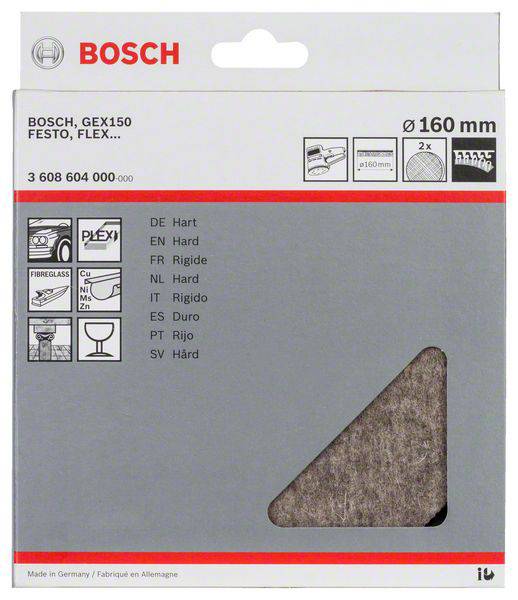 Balenie brúsneho papiera Bosch pre brúsne zariadenia, priemer 160 mm, vhodné pre tvrdé materiály, obsahuje 2 kusy.