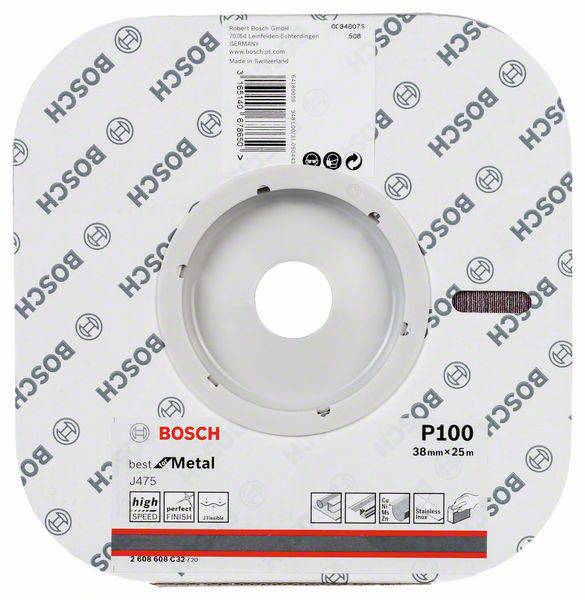 Obal brúsneho kotúča Bosch, P100, 38 mm x 25 m. Vhodný pre obrábanie kovov, obsahuje produktové informácie a logá.