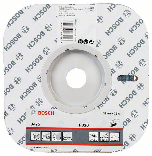 Obrázok zobrazuje brúsny kotúč Bosch série J475, typ P320, s rozmermi 38 mm x 25 m. Je vhodný na opracovanie kovu.