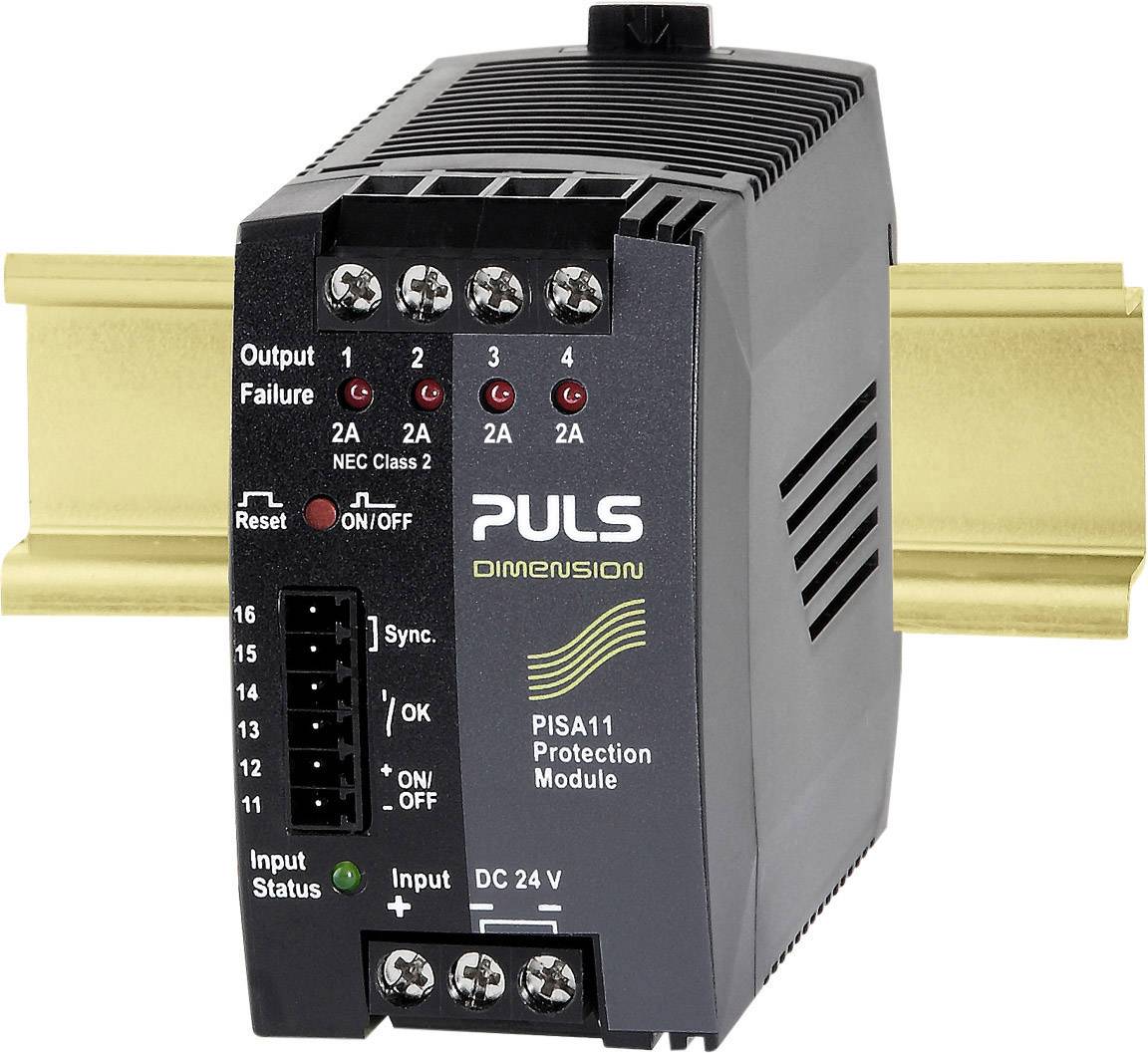 PULS monitorovací modul pre DC 24V distribúciu elektrického prúdu, vrátane stavových indikátorov a konektorov pre reset, vstup a výstup.