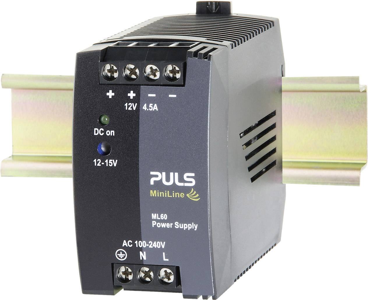 Napájací zdroj značky Puls, model MiniLine, určený na montáž na DIN lištu. Napätie: 12-15V, prúd: 4,5A, vstup: AC 100-240V.