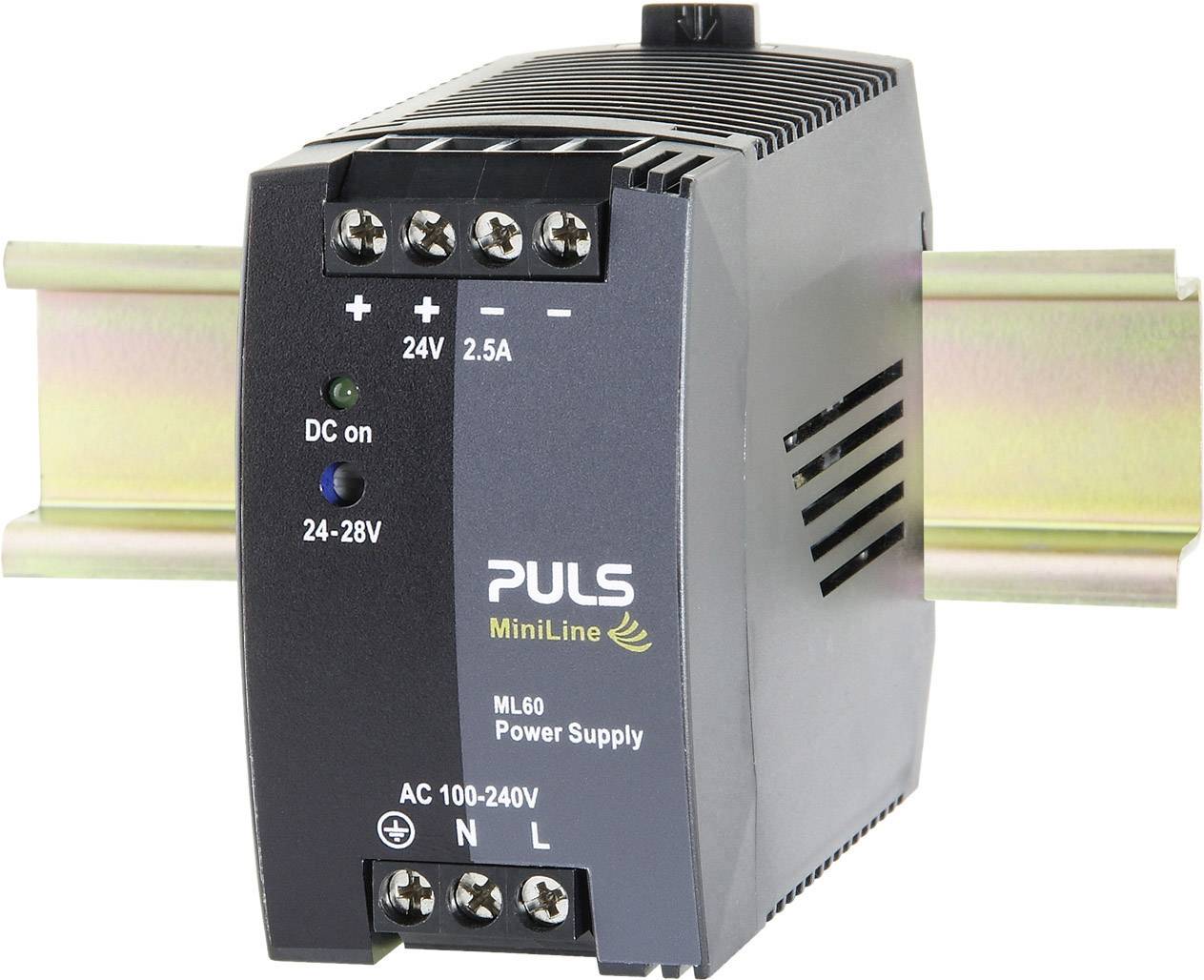 'PULS MiniLine' napájací zdroj, čierno-sivý, montovaný na DIN lištu. Vstupné napätie: AC 100-240V, výstup: 24V, 2.5A LED indikátor.