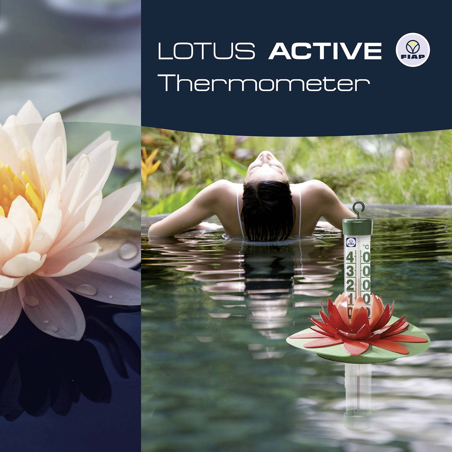 Plavec vo vode vedľa plávajúceho teplomera s lotosovým kvetom. Text na obrázku: 'LOTUS ACTIVE Teplomer'.
