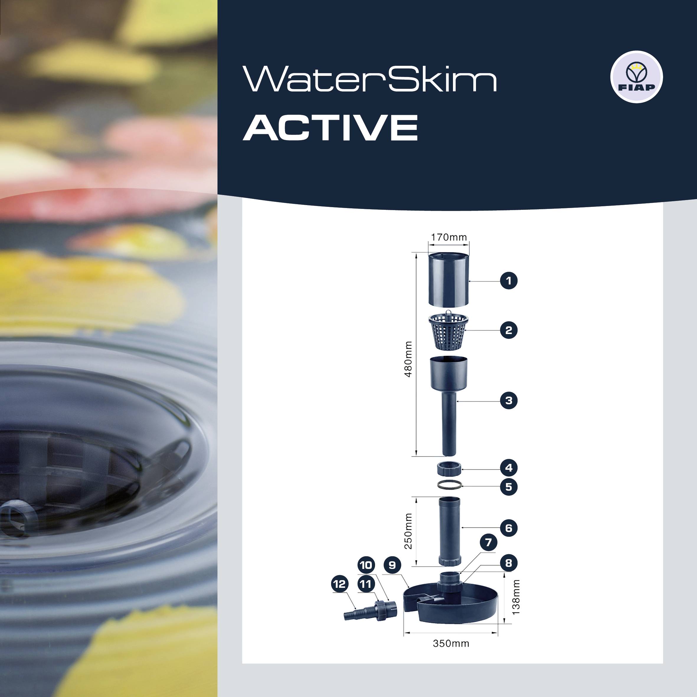 Schéma filtračného systému na vodu 'WaterSkim ACTIVE' s rozmermi: šírka 170 mm, výška 480 mm, hĺbka 350 mm. Obsahuje viaceré komponenty.